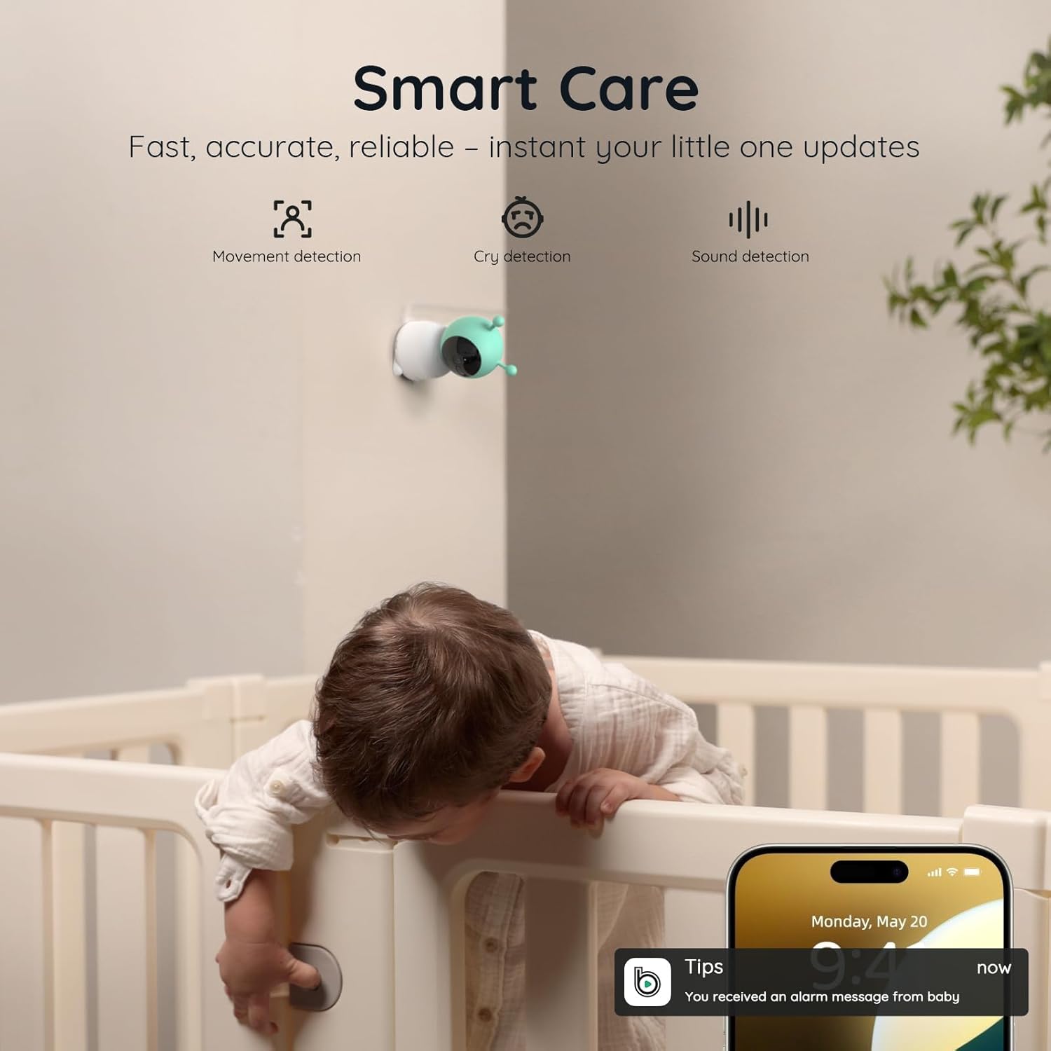 Boifun smart baby monitor with movement, cry, and sound detection that provides real-time alerts