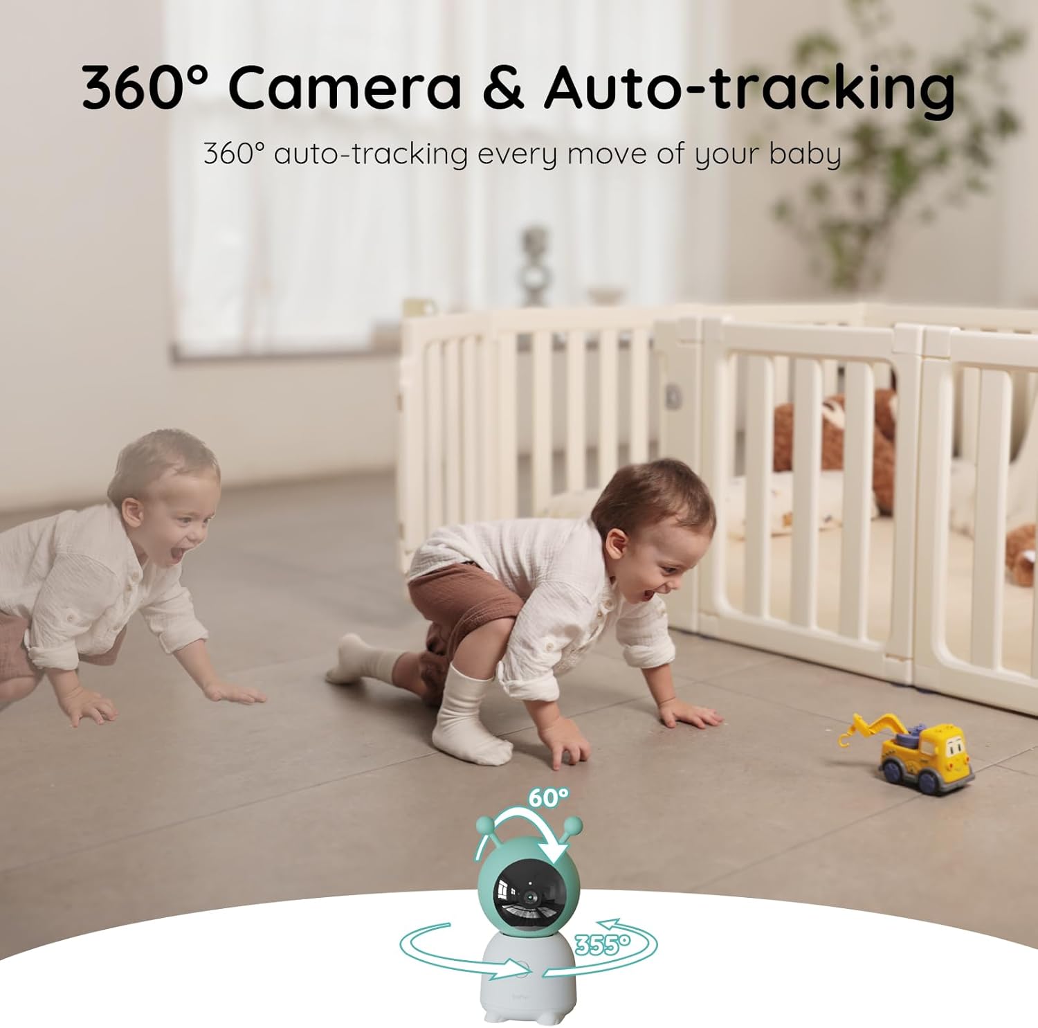 Video baby monitor auto-tracking a crawling child in a nursery with a 360-degree camera