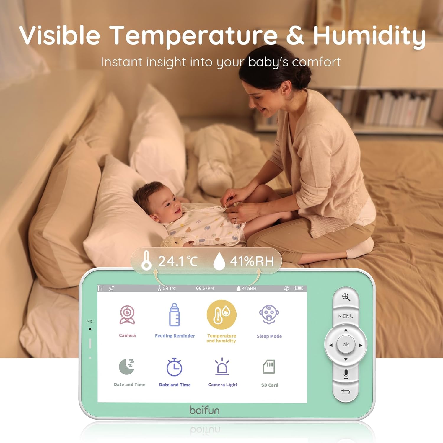 Baby monitor with visible temperature and humidity readings and adjustable range alerts