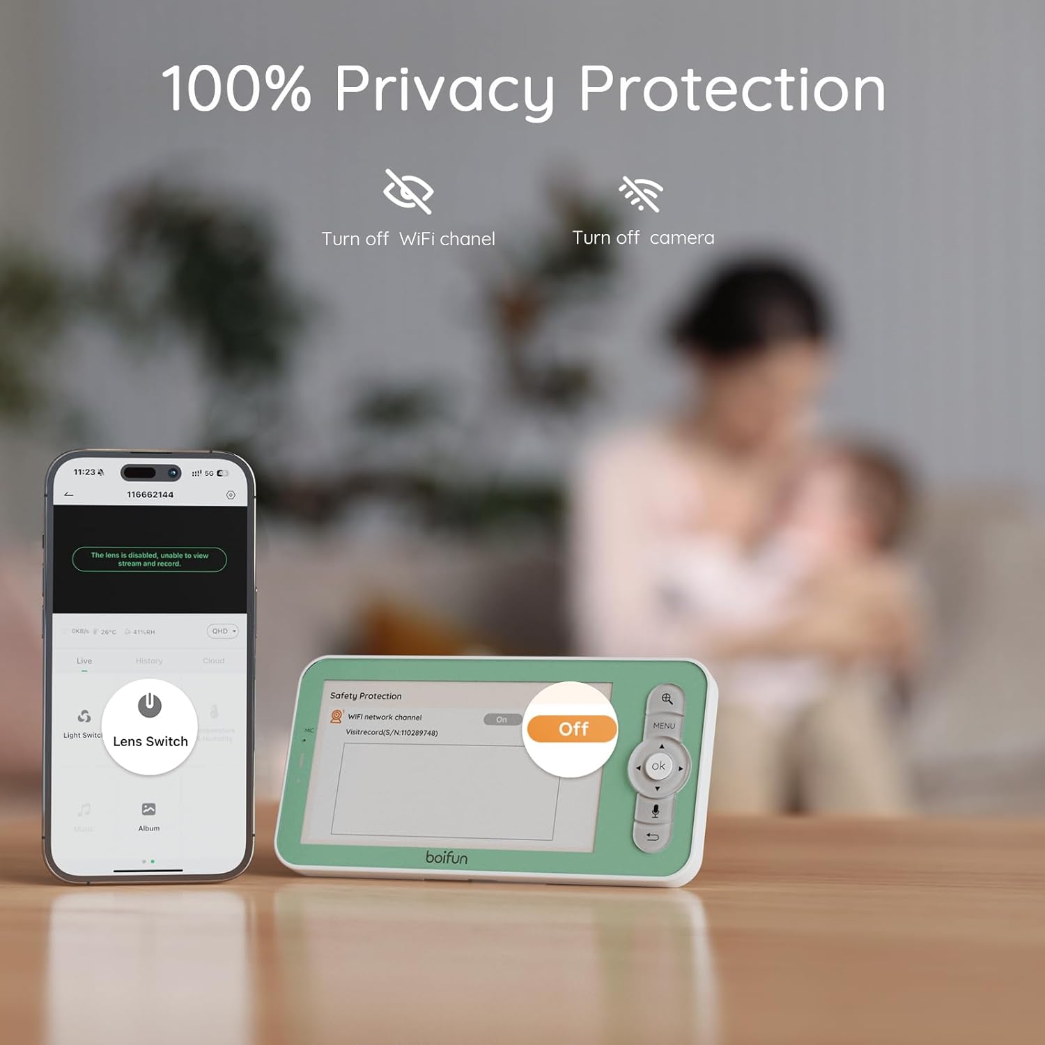 Baby monitor with privacy protection showing the lens switch and WiFi channel off options